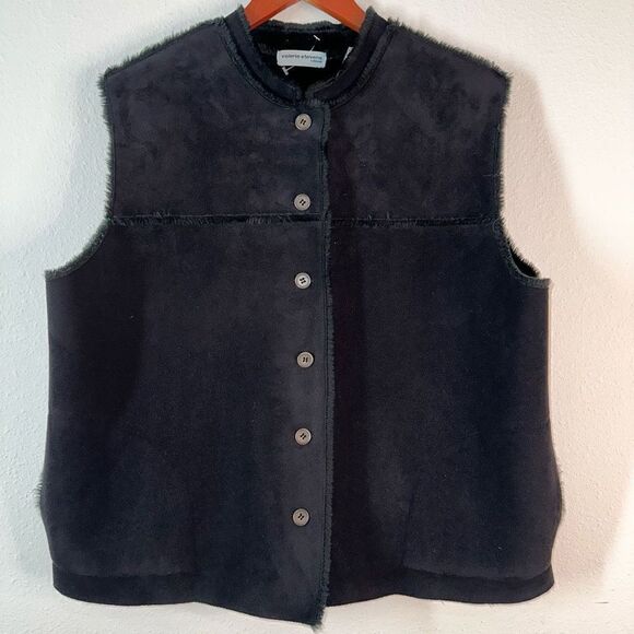 Valerie Stevens Womens XL Black Faux Suede Sherpa Lined Sleeveless Button Vest - Picture 1 of 8